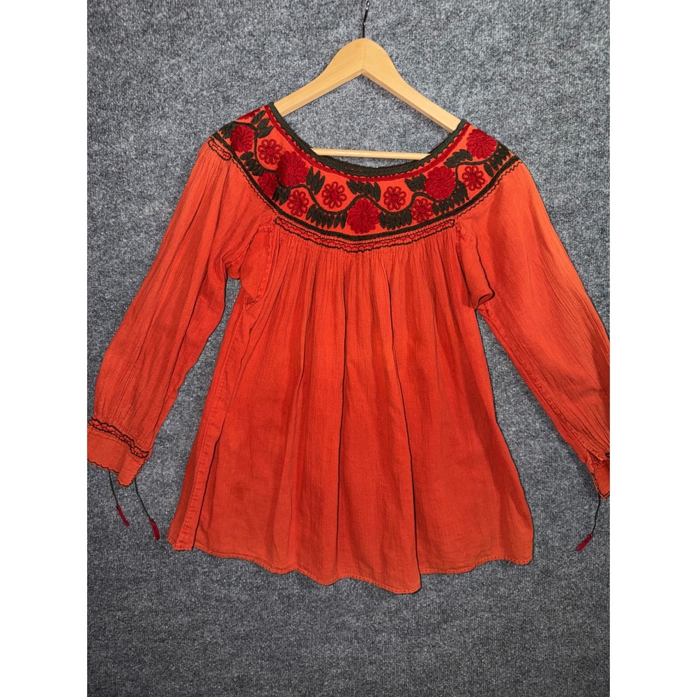 Vintage 70s Orange Embroidered Floral Peasant Blouse Top Long Sleeve ptp 18.5"
